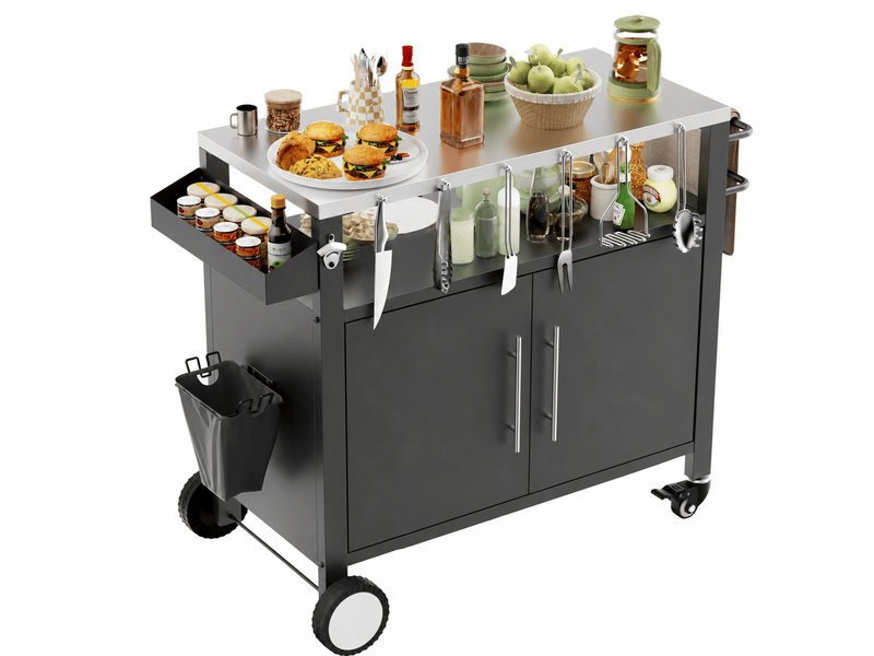  Grillwagen roulant avec crochets et étagère à épices pour barbecue extérieur noir  - Conforama A