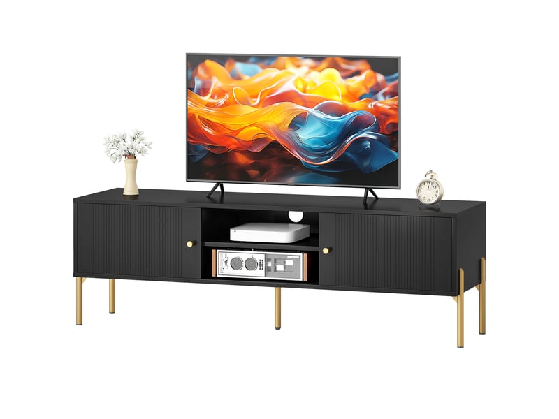 Meuble tv design - 2 portes, 2 niches - piètement poignées métal doré façade rainurée noir  - Conforama E