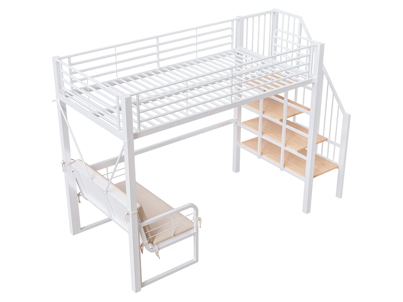 Lit superposé 90x200, lit mezzanine avec canapé déhoussable et escalier de rangement, cadre en métal blanc pour enfants et adultes - Conforama C