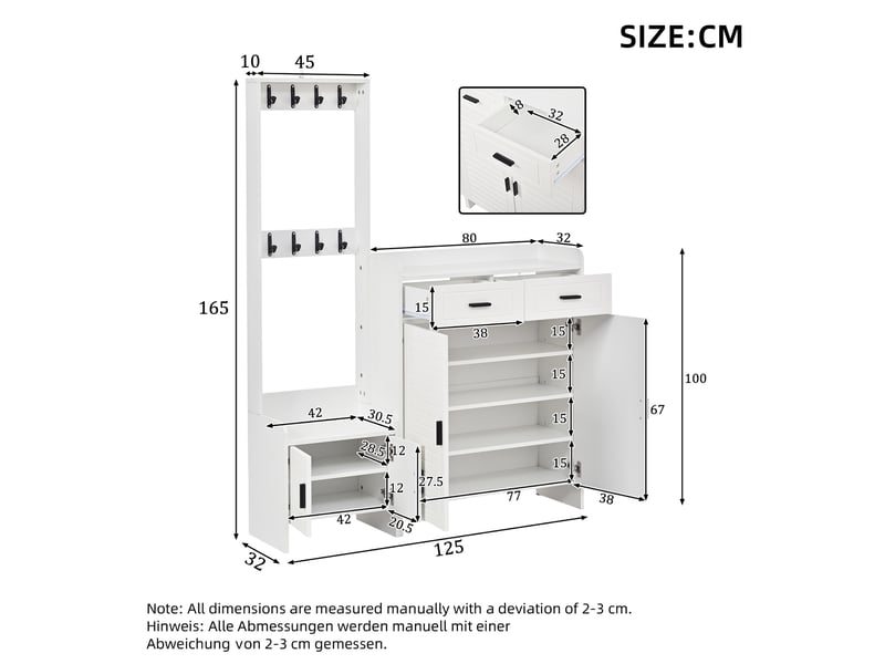  Meuble d’entrée à chaussures avec 2 portes, 2 tiroirs, 6 étagères et 8 crochets pour couloir en mdf blanc 125×36×165 cm  - Conforama D