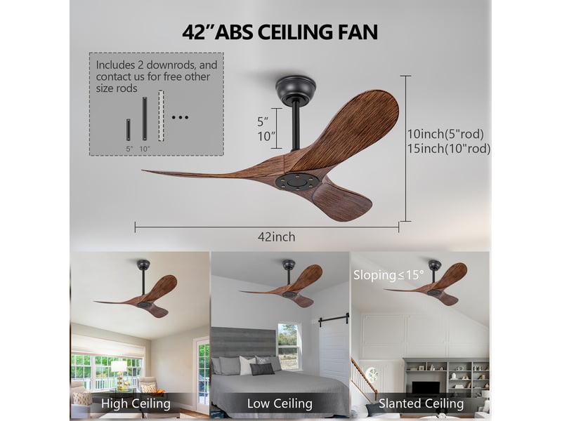  Ventilateur de plafond 107x107x38 cm noir et noyer foncé en abs, sans luminaire, télécommande, 6 vitesses  - Conforama C