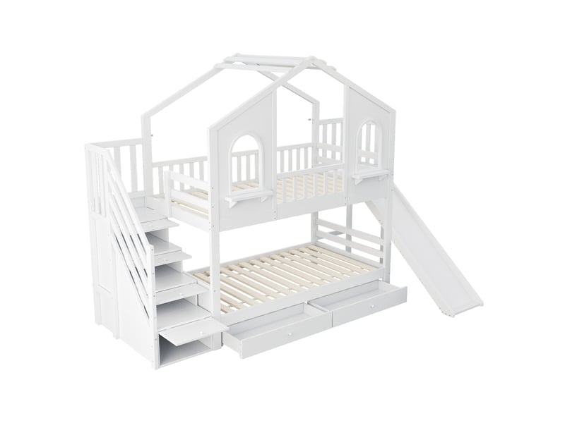  Lit superposé enfant 90 x 200 cm blanc avec maison, toboggan, escalier de rangement et deux tiroirs  - Conforama A