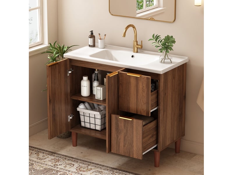  Meuble vasque salle de bains 91x47x87 cm, 2 portes, 2 tiroirs, coloris noyer  - Conforama E