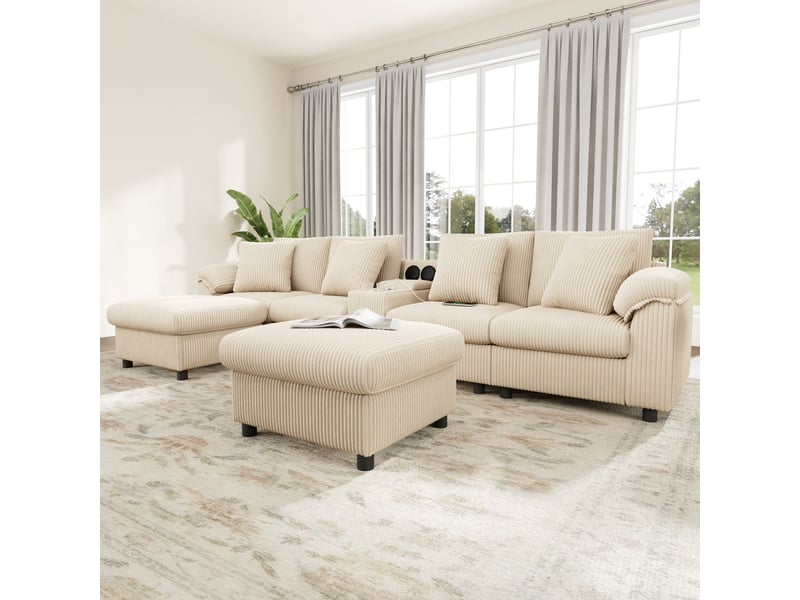  Canapé d'angle, canapé modulable, en velours tricoté, beige, porte-gobelets, pour salon et séjour, usb  - Conforama W
