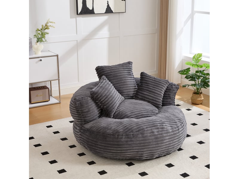  Fauteuil poire 1 place en velours côtelé gris foncé avec dossier haut et 3 coussins  - Conforama C