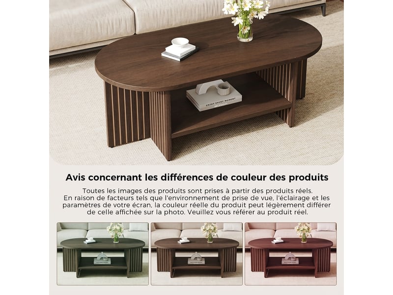  Table basse ovale de salon en mdf avec étagère 100x49x35 cm - design moderne rainuré  - Conforama R