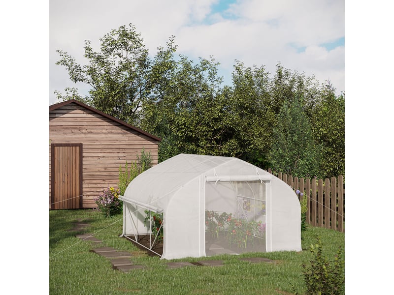  Serre de jardin tunnel 10,4 m² serre de jardin anti-uv porte zippée enroulable fenêtres maille 350 x 300 x 200 cm blanc  - Conforama D
