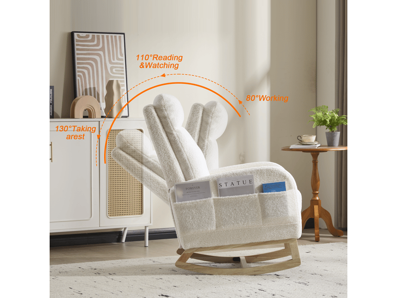 Fauteuil à bascule ergonomique en polaire douce et confortable, avec dossier haut, base en bois incurvée, blanc, réf. T6011p603662 - Conforama R