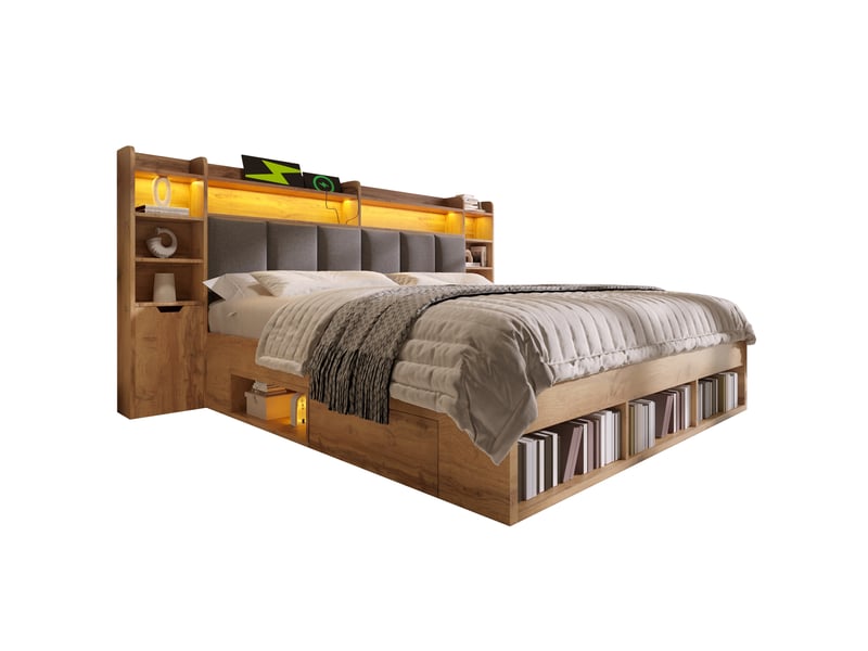 Lit double 180 x 200 cm chêne avec rangements, led et ports usb - Conforama A