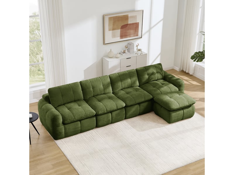 Canapé d'angle en l 4 places sans cadre, canapé modulaire, housse chenille verte, sans montage, 1 pouf pour salon et appartements - Conforama B