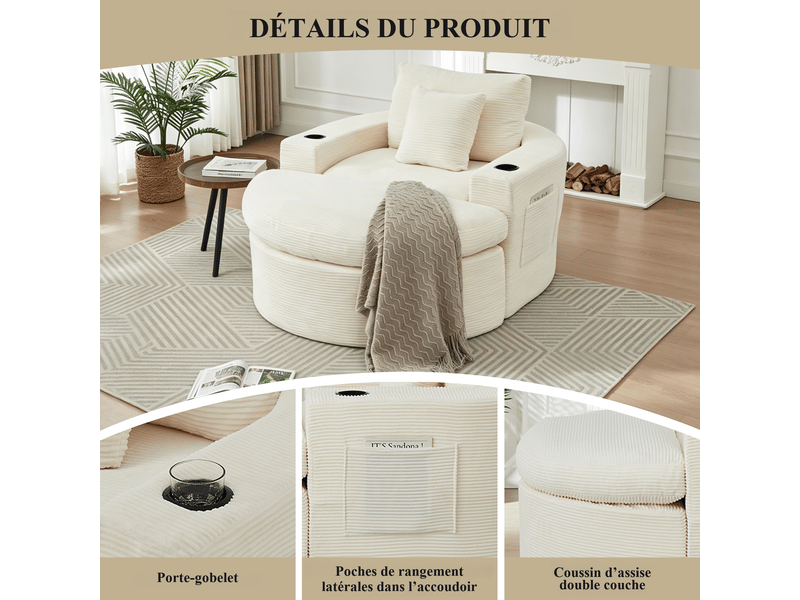  Fauteuil rond extra large en velours côtelé beige avec pouf mobile, porte-gobelets et rangement latéral 156 x 136 x 88 cm 156X136X88cm - Conforama D