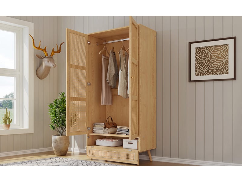  Armoire 2 portes avec penderie et coffre bas rabattable pour chambre ou salon, coloris naturel, 90 × 45 × 183 cm  - Conforama C