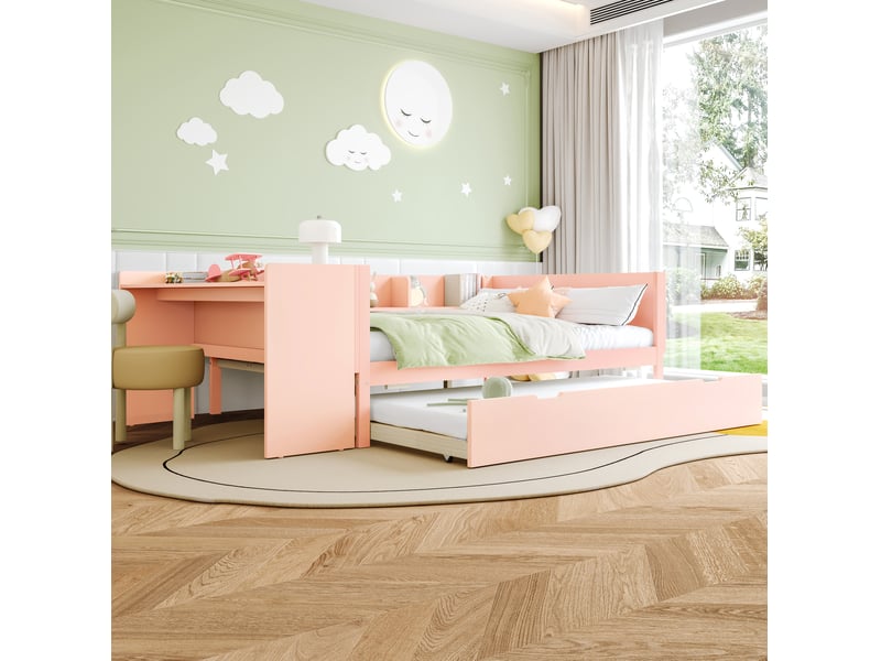 Lit gigogne fermé 140x200 cm, ouvert 140x200 + 90x190 cm, bureau, pin et panneaux, blanc et rose, sans matelas - Conforama E