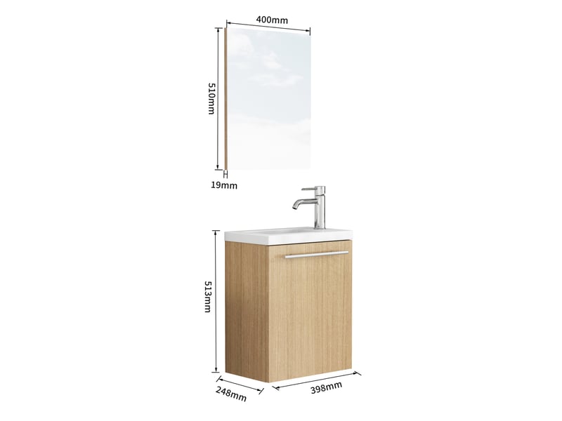  Meuble sous vasque mural avec miroir, porte amortie et vasque en céramique, chêne, salle de bain 40 × 25 × 48 cm  - Conforama C