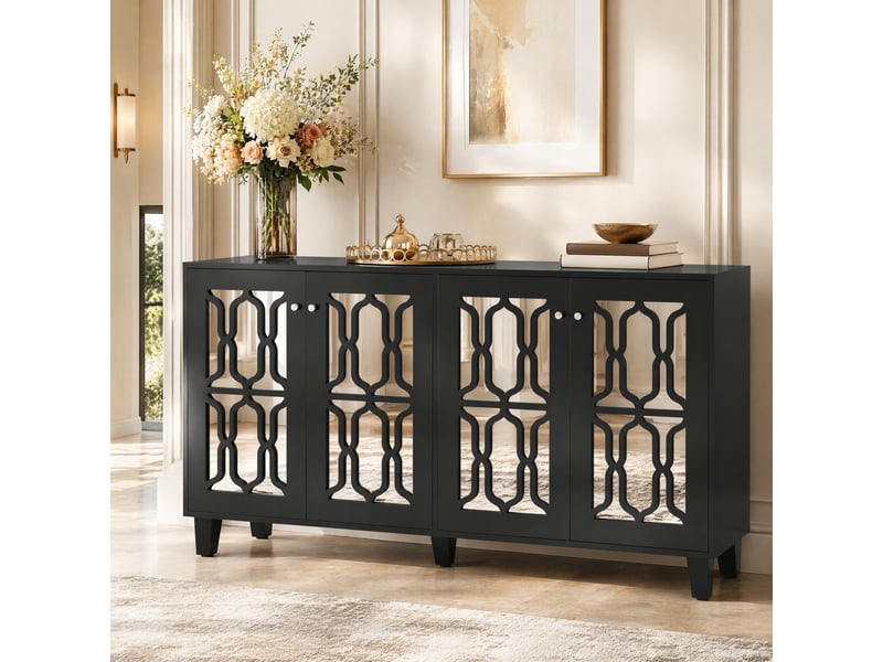  Buffet noir avec finition miroir, 4 portes et étagères intérieures amovibles, 160 x 40 x 84 cm  - Conforama B