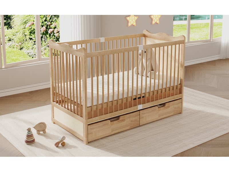  Lit bébé en bois massif de pin 70x140 cm couleur nature 4 hauteurs réglables avec tiroirs à roulettes evarich - Conforama D