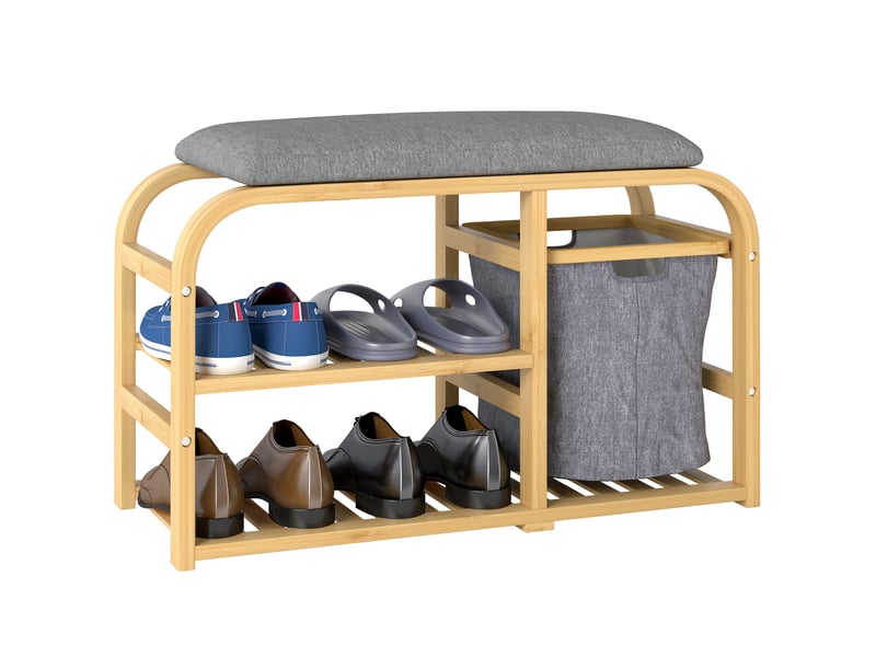  Banc à chaussures avec coussin d'assise, 2 étagères à lattes et panier en tissu coulissant, 70x30x45cm, bois naturel  - Conforama A
