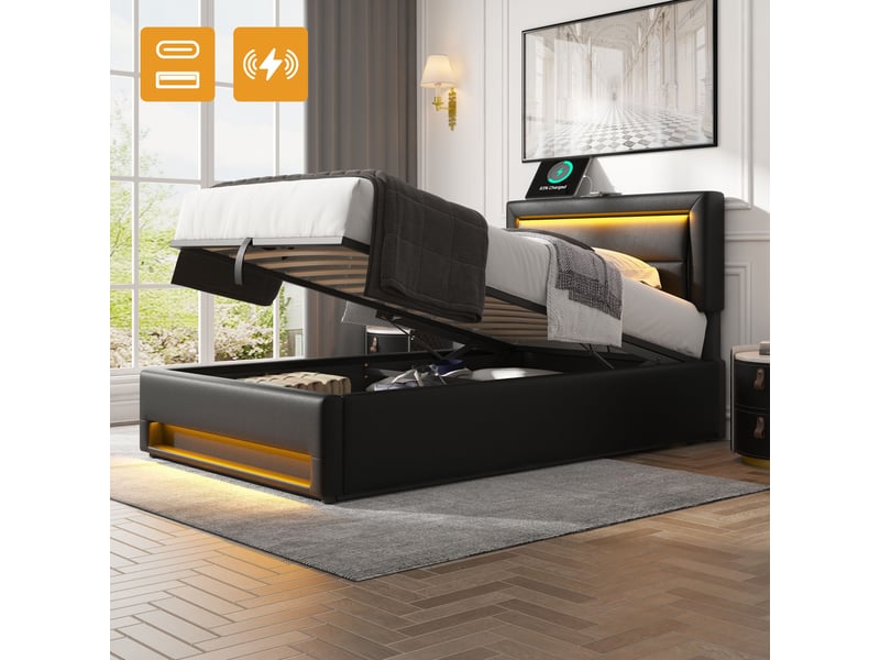  Lit adulte - avec rangement - avec éclairage led - avec port usb - avec sommier à lattes - couchage 90x190 cm - pu - pour chambre noir - Conforama A