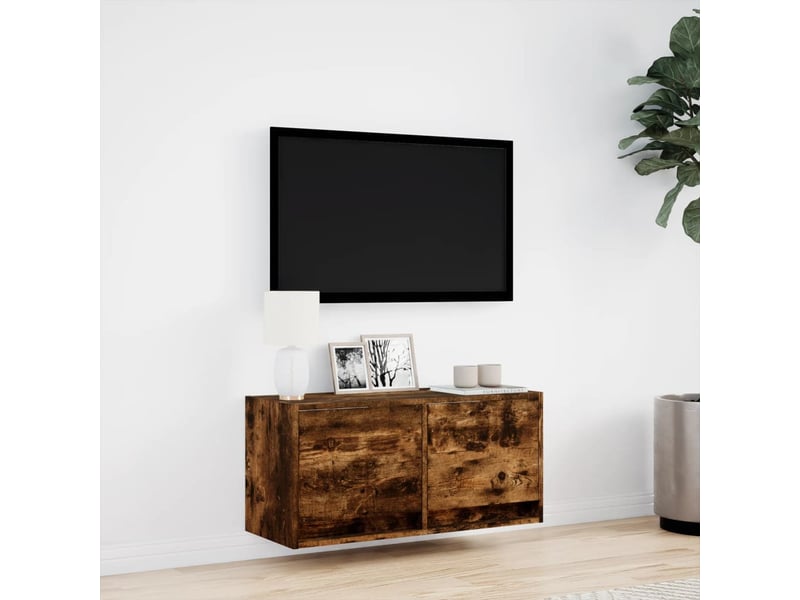  Meuble tv - banc tv - meuble de rangement mural avec lumières led chêne fumé 80x31x35 cm  - Conforama D