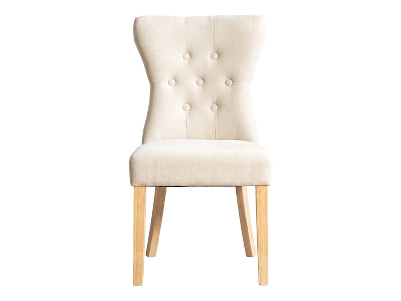 Ensemble table et 6 chaises de salle à manger – table extensible aspect bois massif brun naturel + chaises rembourrées beige en tissu chenille - Conforama E