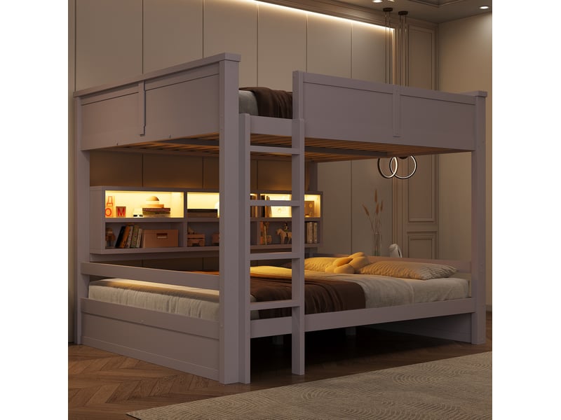  Lit superposé 160x200 cm marron avec 6 rangements et éclairage led  - Conforama E