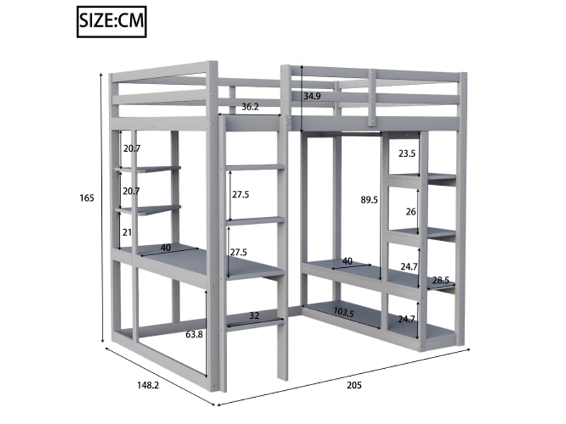  Lit mezzanine 140x200 cm, lit double avec échelle, table, étagères et cintres, en bois, gris, sans matelas  - Conforama D