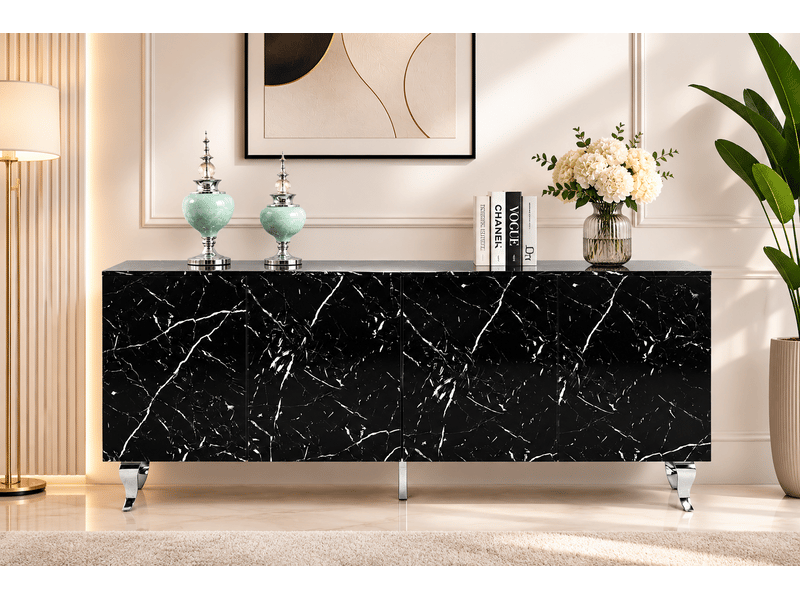  Buffet baroque – laqué marbre noir pieds chrome – 4 portes – 180x40x80 cm  - Conforama B