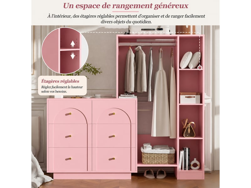  Armoire de chambre ouverte, tringle à vêtements, 6 tiroirs et étagères latérales, 139 x 35 x 133 cm, rose  - Conforama E