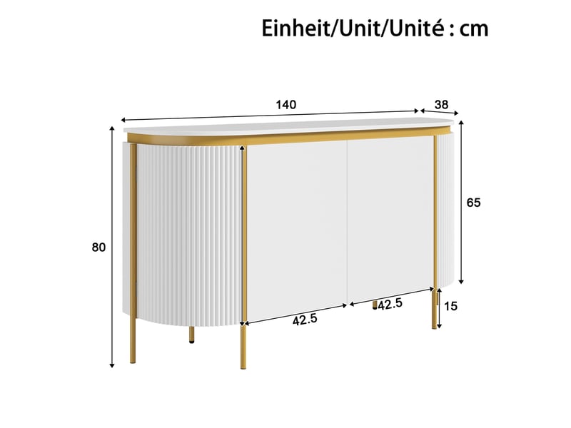  Buffet bas 140x38x80 cm avec 4 portes sans poignées mdf couleur blanc et doré, design élégant  - Conforama C