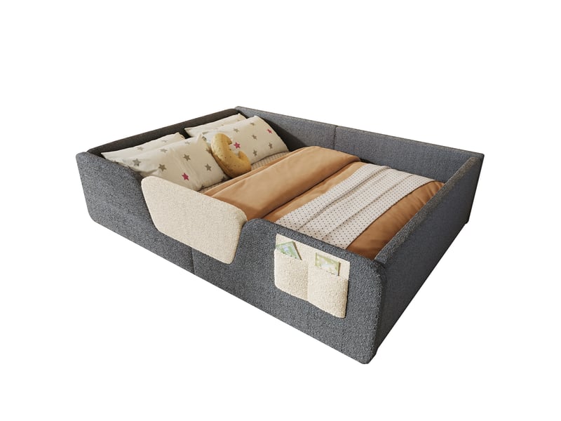  Lit enfant rembourré 140 x 190 cm en velours, barrières amovibles, gris  - Conforama A