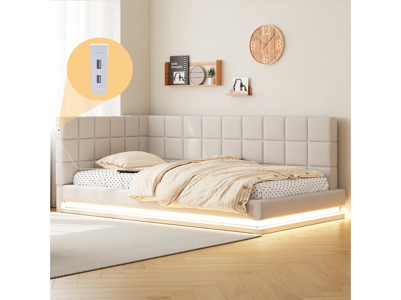  Lit banquette enfant 90 x 200 cm avec led, usb et sommier à lattes, lin, beige Fay Lum - Conforama E
