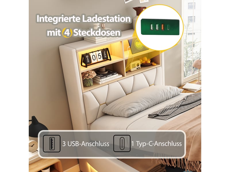  Lit pour enfant 90×200 cm, coffre relevable hydraulique, bandeau led pilotable, port usb, métal et lin beige  - Conforama C