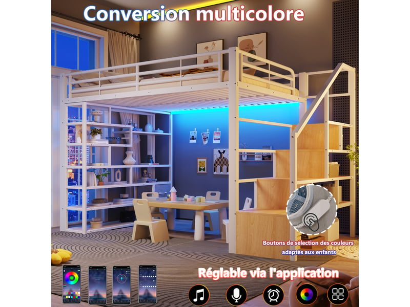 Lit mezzanine, 140 × 200 cm, blanc, mdf et métal, tiroirs, rangements, garde-corps, échelle, espace ouvert dessous, led via app - Conforama C