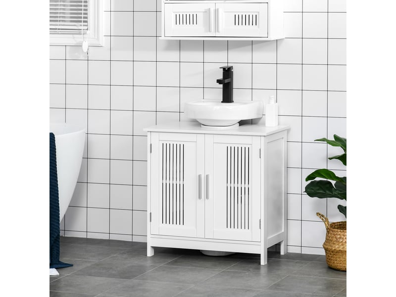  Meuble sous lavabo blanc 60 cm, 2 portes rainurées et étagère réglable  - Conforama D