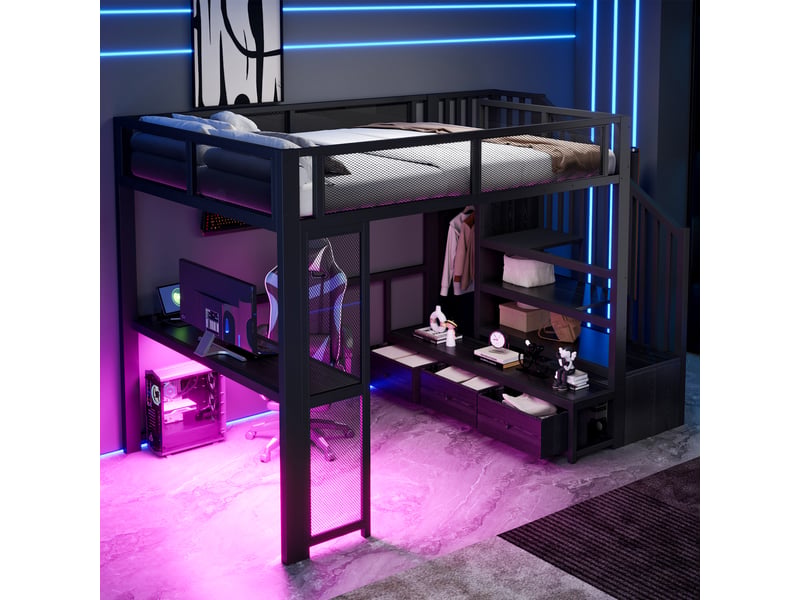  Lit mezzanine 140 x 200 cm en métal pour enfant avec échelle, rangement, port usb, éclairage led, bureau, armoire ouverte et 3 tiroirs, noir  - Conforama E