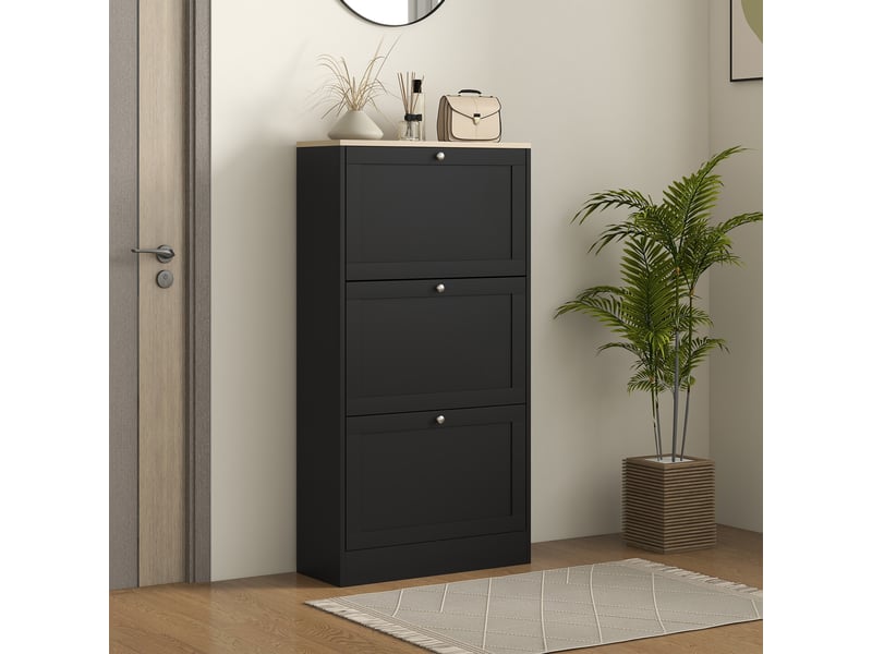  Meuble à chaussures style scandinave 3 portes abattants 18 paires de chaussures 60 x 23,5 x 115 cm noir aspect bois  - Conforama C