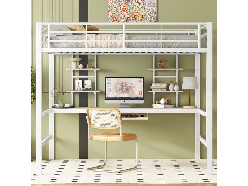  Lit mezzanine blanc 140x200cm avec escalier rangement, bureau, structure robuste, gain de place, durable - fer - pour enfant ado  - Conforama B