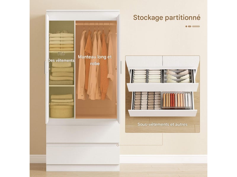  Armoire de chambre 2 portes et 2 tiroirs blanc 80x55x177,5 cm  - Conforama E
