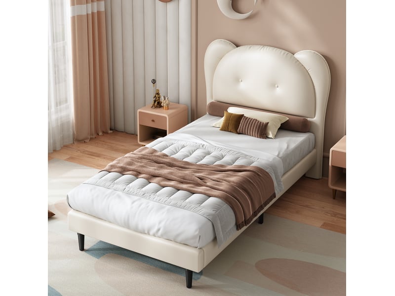  Lit enfant 90x200 cm en pu beige tête de lit animal cravdom  - Conforama C