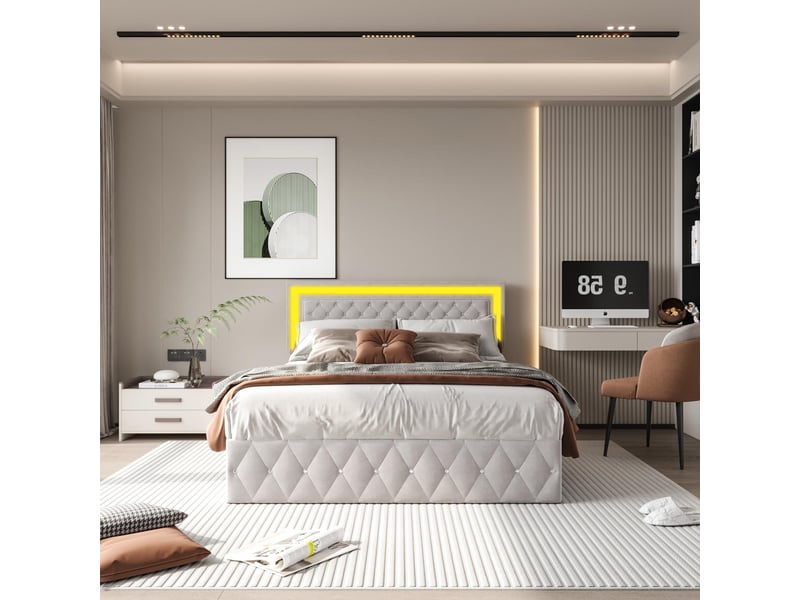  Lit adulte 140x200 cm beige avec éclairage led et coffre hydraulique - velours doux, sommier à lattes, rangement spacieux, charge 280 kg  - Conforama W