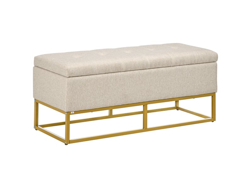  Banc banquette avec coffre de rangement 2 en 1 assise capitonnée et pieds en acier dimensions 110 x 44 x 48 cm coloris beige et doré  - Conforama A