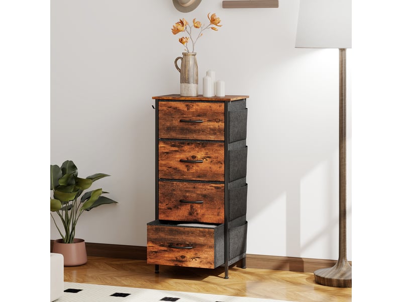 Commode 4 tiroirs en tissu, meuble de rangement avec 4 poches, 2 crochets, structure en acier, 45 x 30 x 94,5 cm, marron  - Conforama A