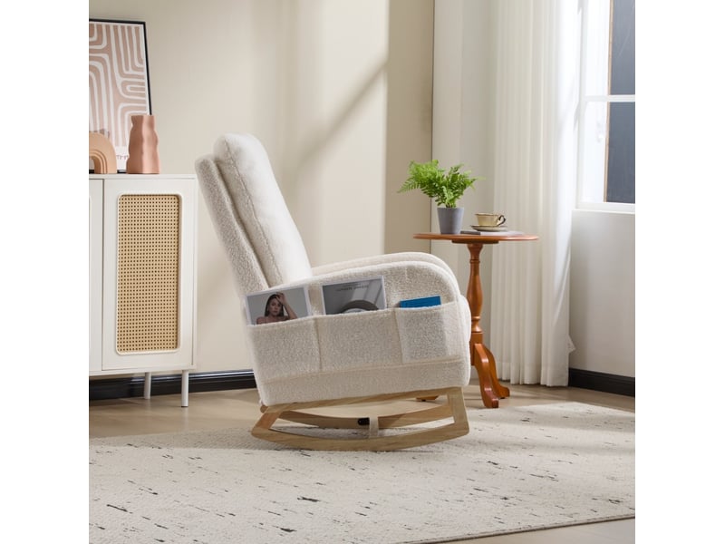  Fauteuil à bascule avec repose-pieds, dossier haut ergonomique et poche latérale en tissu teddy blanc  - Conforama C