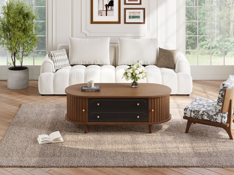 Table basse salon 100 x 50 x 36 cm noyer noir panneau particules 2 tiroirs 2 portes à rideau 4 pieds rangement evarich - Conforama B