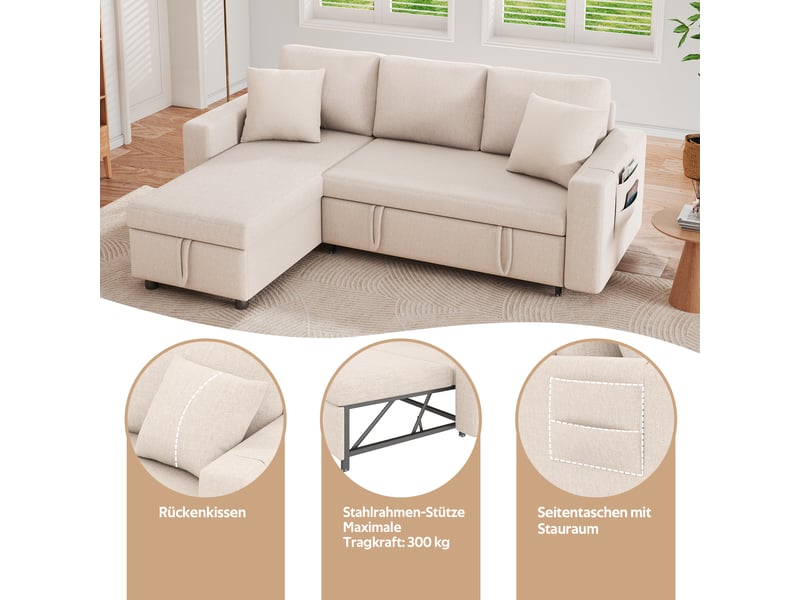  Canapé d'angle convertible 3-4 places avec méridienne réversible, coffre, poches et coussins en tissu beige  - Conforama E