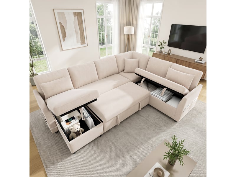 Canapé convertible d'angle en lu,255x196x85cm,canapé-lit modulable 6 places avec chaise longue,rangement,usb et type-c,tissu lin,beige - Conforama B