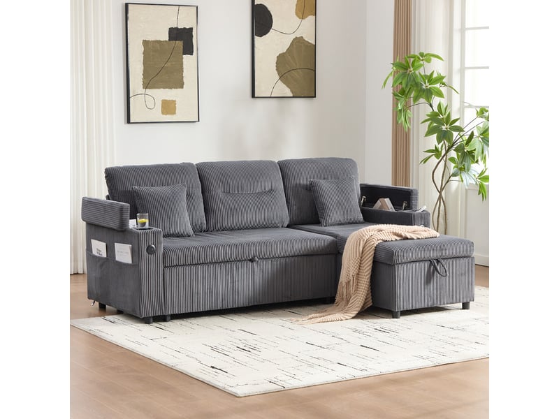 Canapé d'angle convertible ,3 places, avec rangement, porte-gobelets, port usb-c,212 x 136 x 86 cm,gris - Conforama D