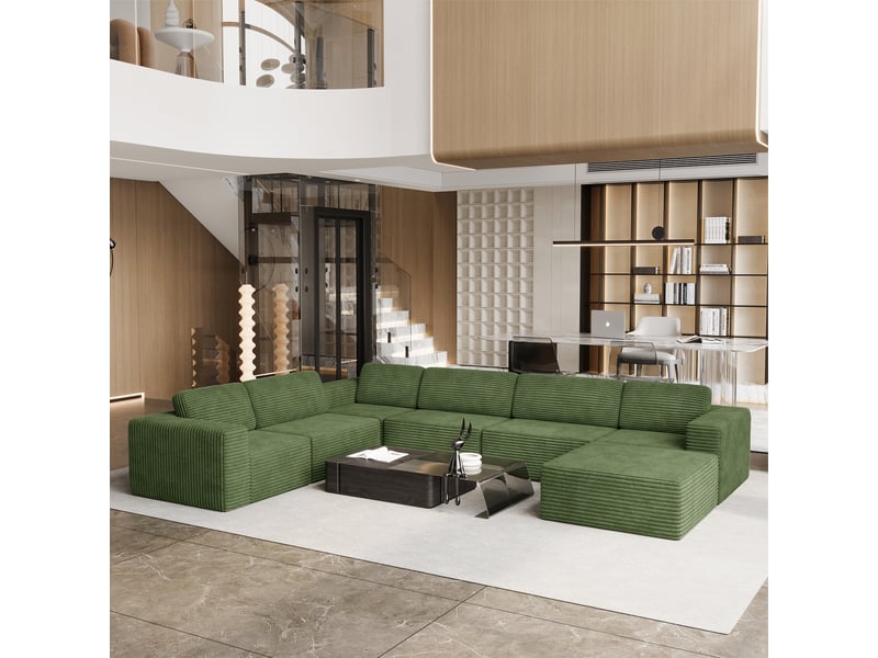Canapé modulaire panoramique 7 places ouvert à droite,velours côtelé,1 pouf,canapé compressé pour grand salon,404x303x82cm,vert 404x303x82CM - Conforama W