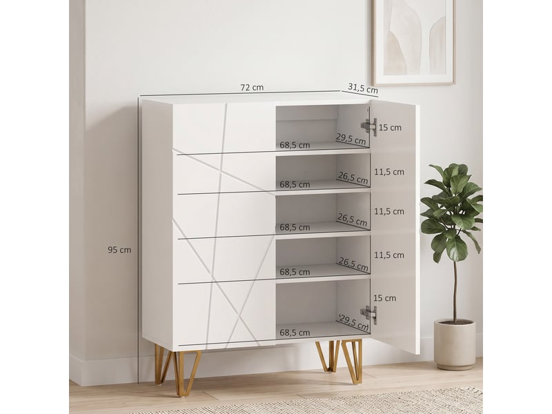 Meuble à chaussures avec étagères réglables et charnières à fermeture douce, pour 15 à 20 paires de chaussures, 72 x 31,5 x 95 cm, blanc  - Conforama D