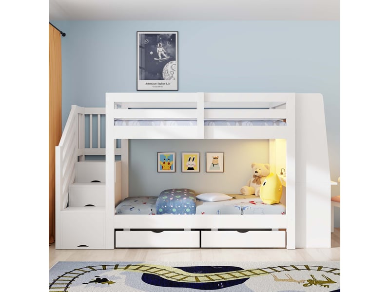  Lit superposé enfant modenvie 90 x 200 cm avec bureau, rangements, led et prise blanc  - Conforama D